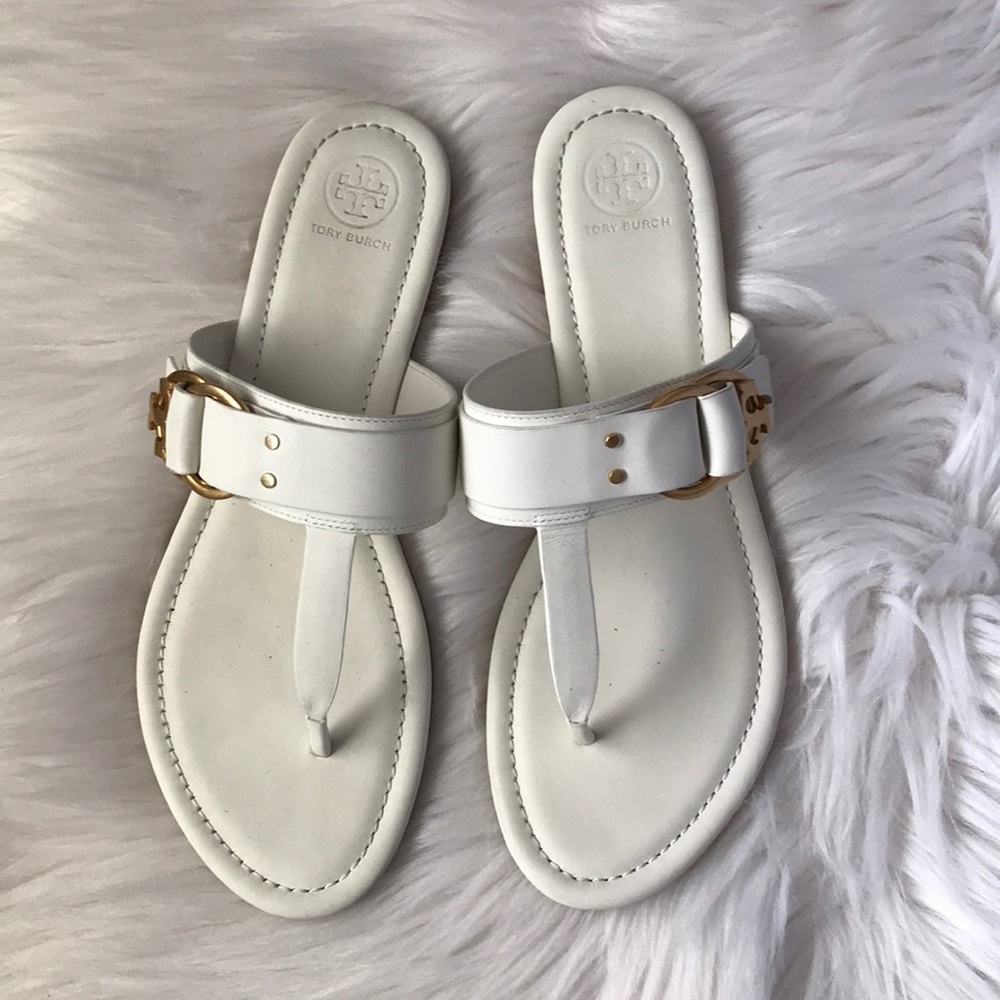 Tory Burch White Leather Sandals Gold Buckle 10